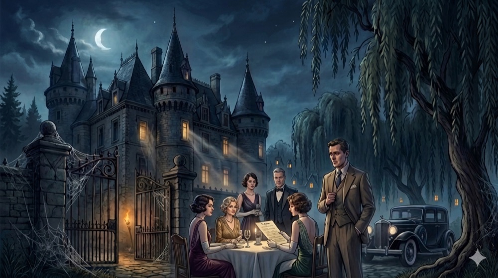 Château de Montbrun bij nacht, het gezelschap aan tafel